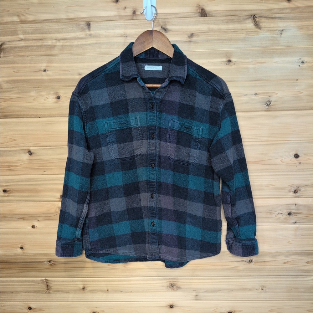 Outerknown Blanket Shirt Mens XS Teal Navy Plaid Organic Cotton Flannel 01154-00